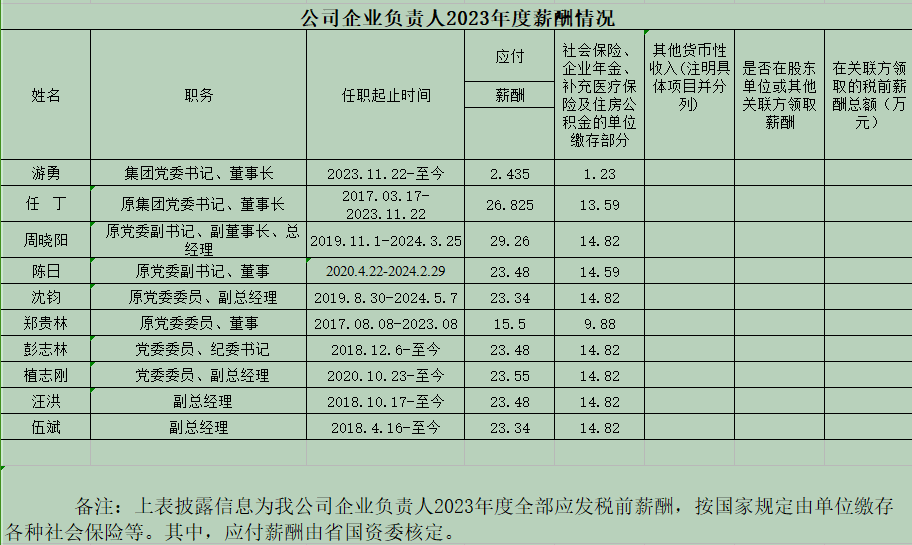 公司企业负责人2023年度薪酬情况